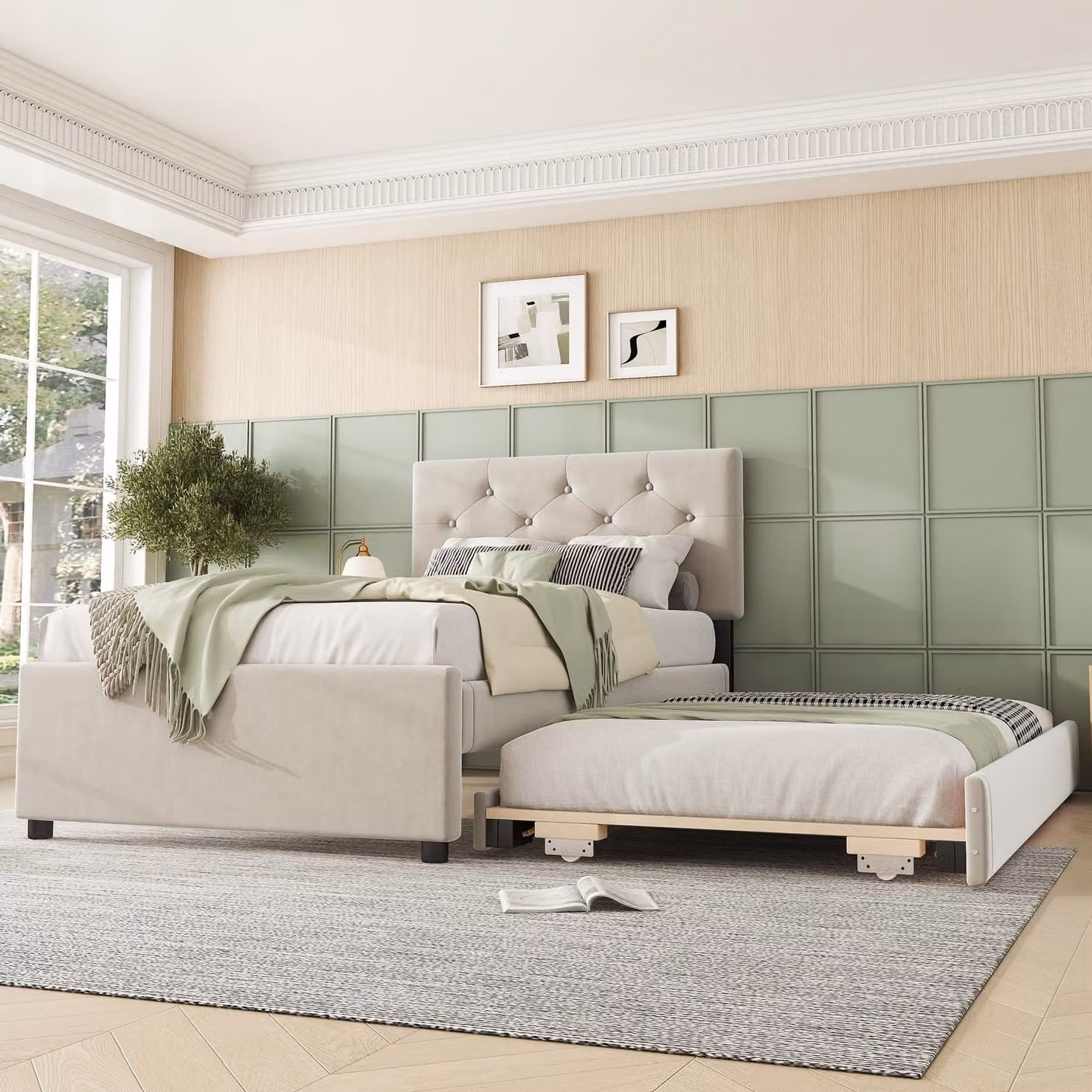 Letto imbottito Flieks 90x200cm con letto estraibile, letto singolo letto per ragazzi letto per bambini con rete a doghe, letto in legno letto funzionale letto da giorno, velluto, beige