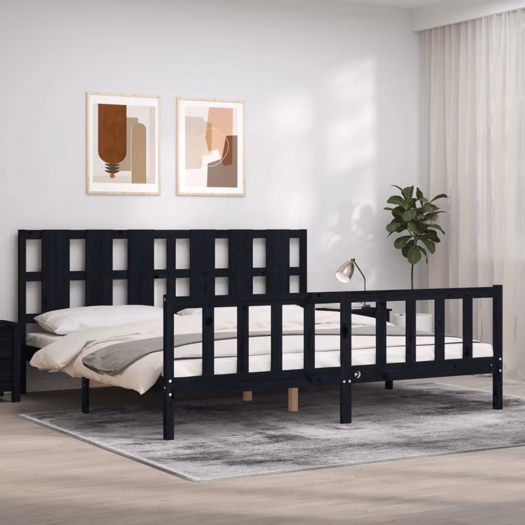 The Living Store Letto in legno massiccio con testiera nera 200x200 cm