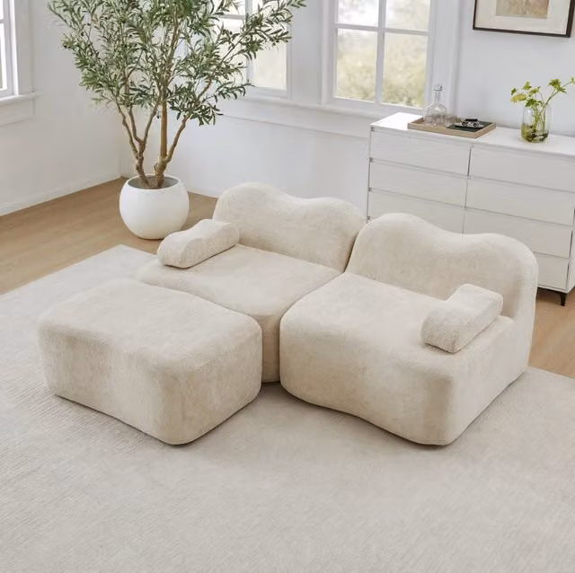 Divano angolare modulare 2 posti con pouf in velluto beige HOMVRA