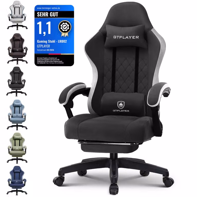 GTPLAYER sedia da gioco in tessuto, poltrona da gioco con cuscino a molle insacchettate, sedia girevole ergonomica, sedia da gioco con poggiapiedi, portata 150 kg, nero