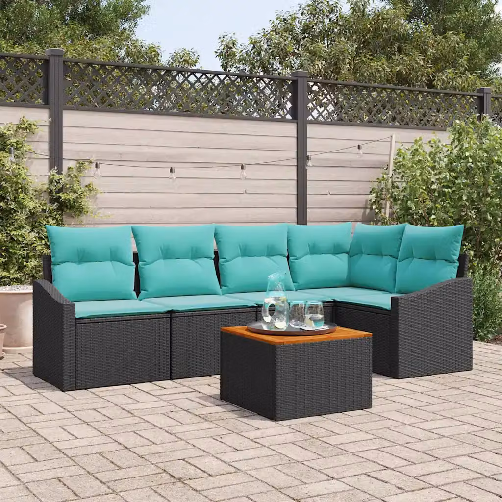 Set Divano da Giardino vidaXL 6 pz con Tavolino, Design Moderno a L, Colore Nero e Turchese con Cuscini e Struttura in Acciaio Verniciato a Polvere
