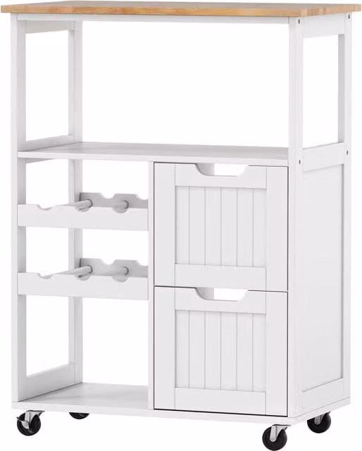 Carrello da servizio salvaspazio con ruote e portabottiglie bianco in legno per cucina, soggiorno e bar, L/P/H: 89 x 65 x 37 cm