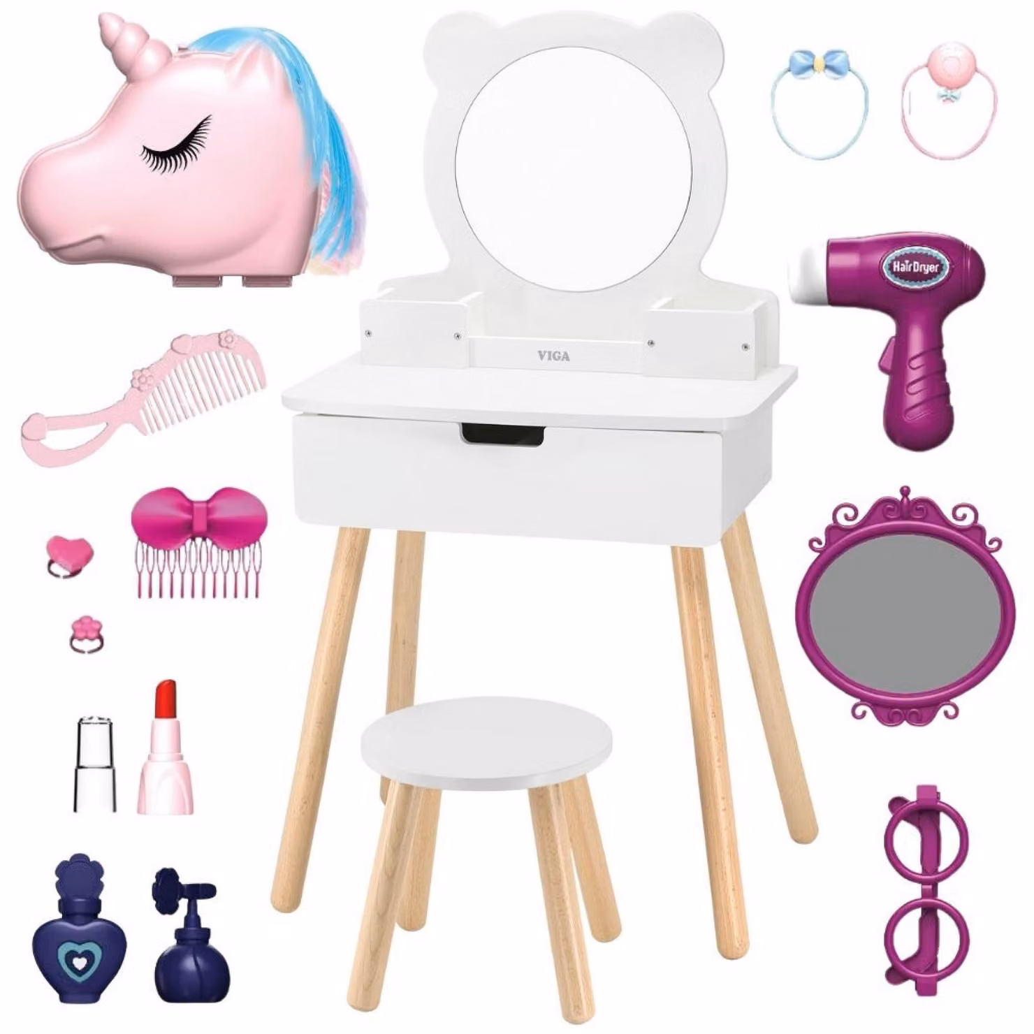 VIGA: toeletta da bagno in legno per bambini, bianca, con specchio + borsetta