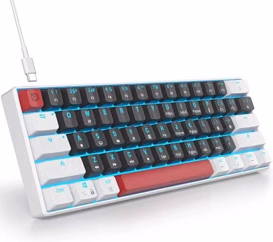 Tastiera Meccanica da Gioco Compatta con 61 Tasti, Interruttori Lineari e Illuminazione LED, Colore Bianco