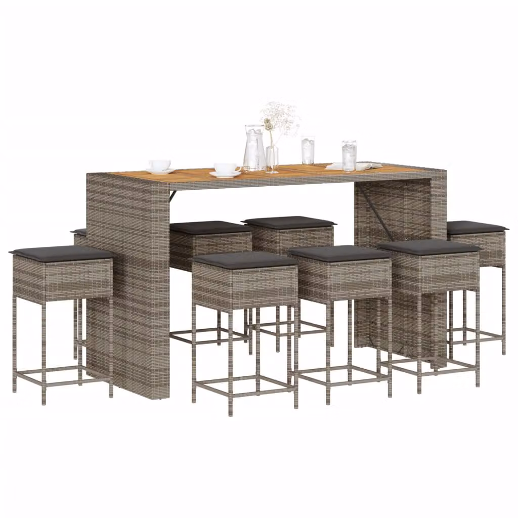 Set Bar da Giardino vidaXL 9 pz in Polyrattan e Legno di Acacia Grigio
