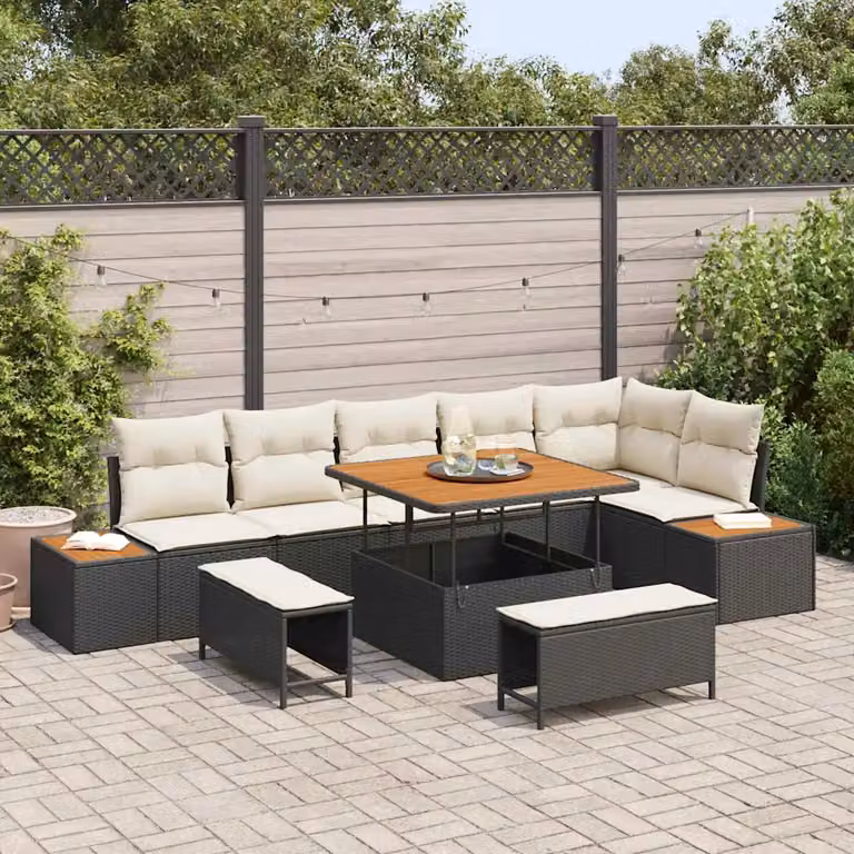 vidaXL Set Divano da Giardino a Forma di U in Poly Rattan Nero con 9 Pezzi e Cuscini inclusi