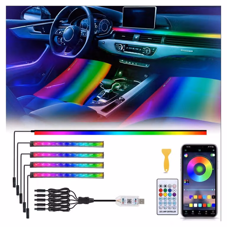 Illuminazione interna per auto a LED, 5-in-1, con luci a LED RGB per il vano piedi, 194 LED, 16 milioni di colori, controllo tramite app, USB e telecomando