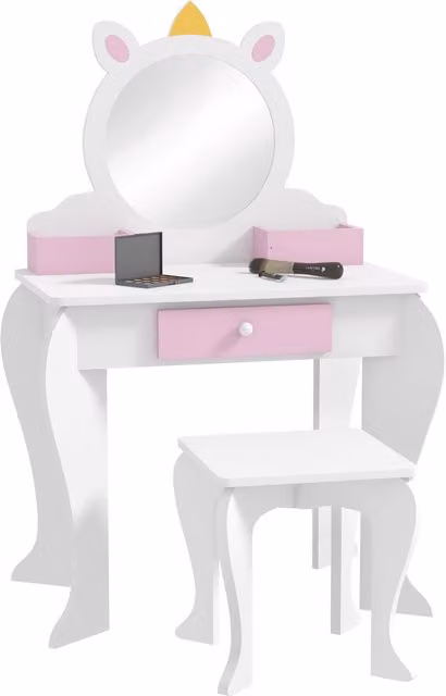 Set Toeletta Trucco Bambina ZONEKIZ con Sgabello, Postazione in Legno con Specchio Rotondo e 2 Scatole Portaoggetti, Design Unicorno Rosa e Bianco per Bambini da 3 a 6 Anni