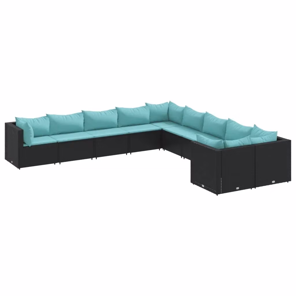 Set di Divani da Giardino vidaXL in Polyrattan Nero con Cuscini Blu e Struttura in Acciaio Verniciato a Polvere – 2