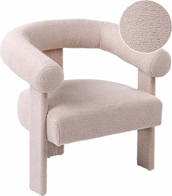 Poltrona da salotto in stile retrò, rivestita in bouclé con gambe beige chiaro per soggiorno