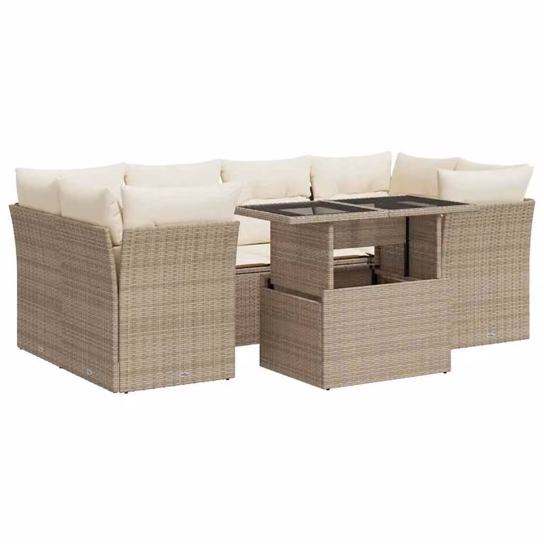 Set Divani da Giardino 7 pz con Cuscini Beige in Polyrattan