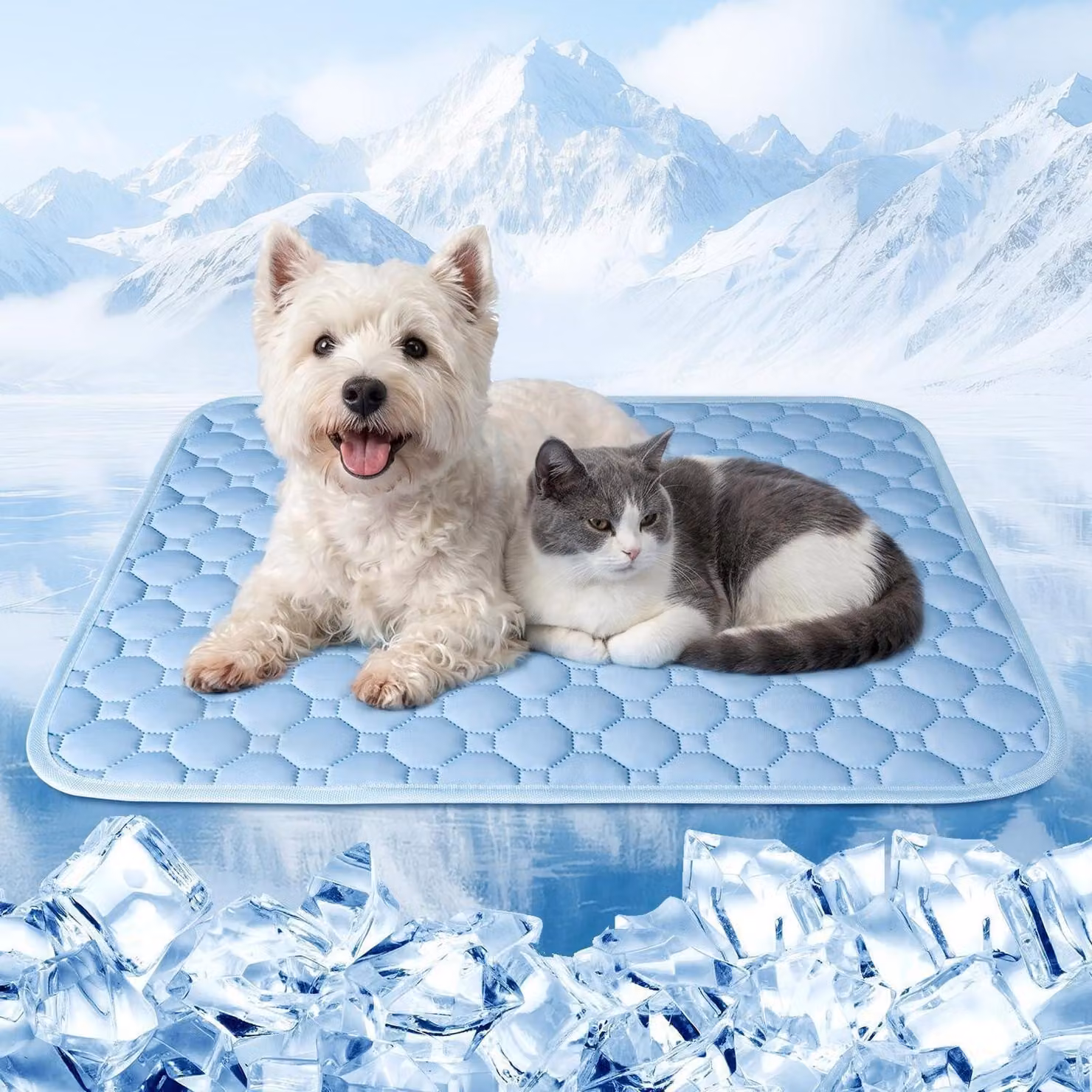 Tappetino refrigerante per cani e gatti, realizzato in tessuto "cool-touch", lavabile, traspirante, pieghevole, con protezione dall'acqua, dimensioni 60 x 50 cm