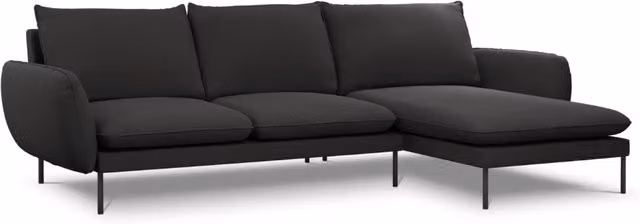 Divano angolare destro Vienna di Cosmopolitan Design, modello a 5 posti in bouclé nero con design moderno e cuscini inclusi, L/P/H: 255 x 130 x 95 cm