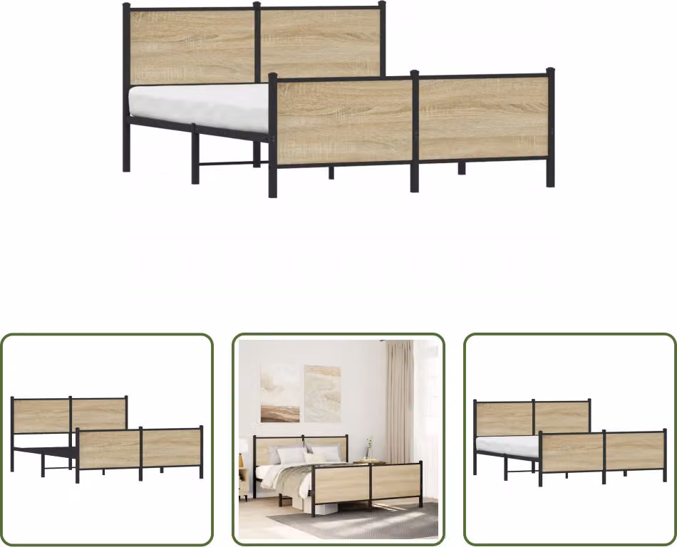 The Living Store Struttura letto con testiera e pediera in metallo rovere Sonoma 137x190cm