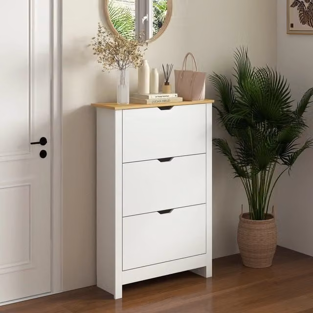 Scarpiera con 3 cassetti estraibili e ripiani in truciolare bianco 72 × 26 × 112 cm per fino a 18 paia