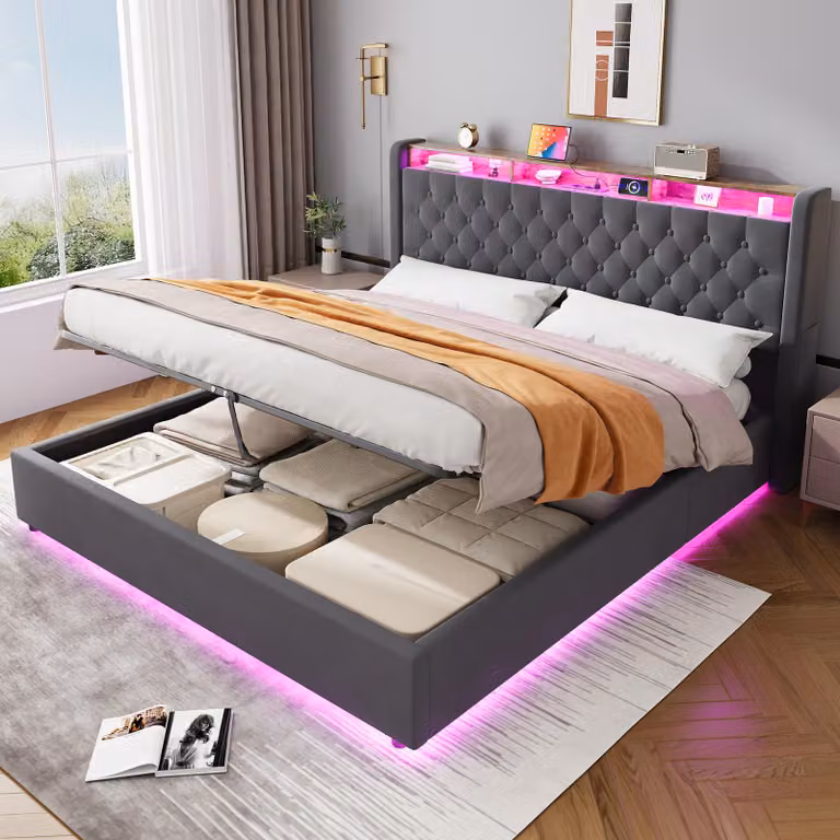 Letto imbottito MODFU 180x200 con contenitore, letto matrimoniale con testiera dotata di contenitore, luci LED e presa elettrica, materasso escluso, grigio scuro