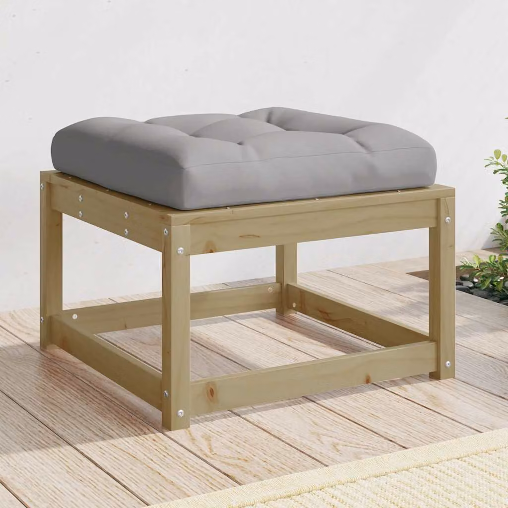 vidaXL Poggiapiedi da Giardino in Legno di Pino Trattato con Cuscini, Marrone e Grigio, L: 63,5 cm, P: 38,0 cm, H: 38,0 cm