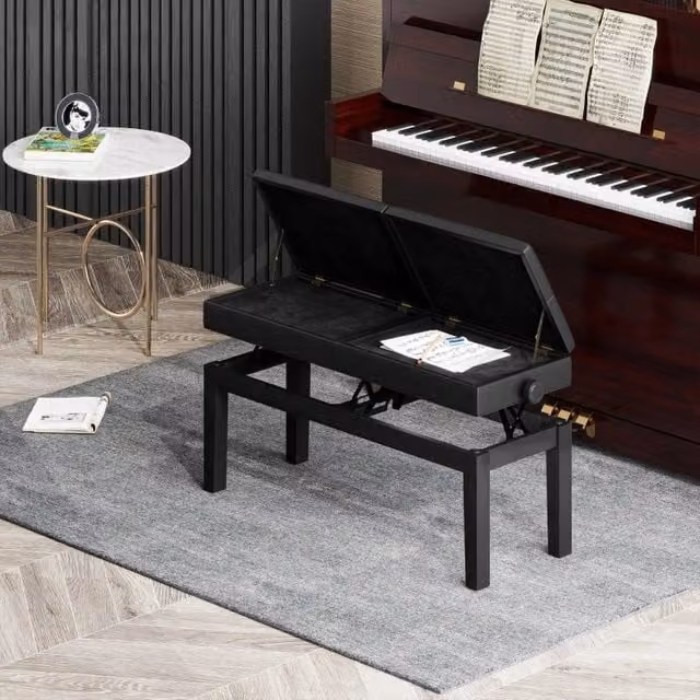 Panca per pianoforte WISHDOR regolabile con vano portaoggetti, seduta in ecopelle nera, L: 105 cm, P: 37 cm, H: 48-58 cm