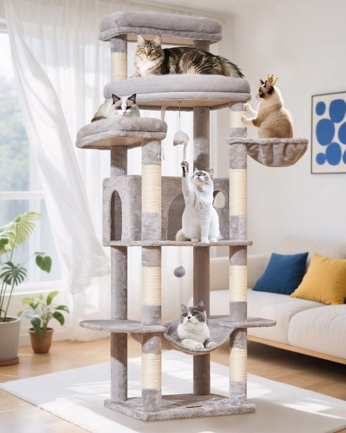 Albero per gatti Kratzbaum XXL, 180 cm di altezza, con 9 pali per graffiare, una piattaforma, delle grotte, un'amaca, delle palline di peluche, colore grigio chiaro, adatto per gatti