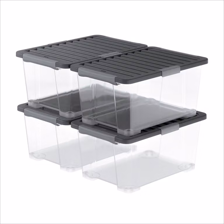 Set di 4 contenitori Rotho Core Pro da 44 litri ciascuno, con coperchio, impilabili, colore antracite. Contenitori con coperchio ermetico, dimensioni 4 x 44 litri