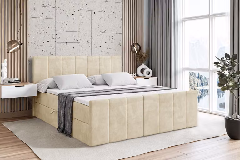 Letto boxspring ALTDECOR con pediera, materasso H3 e topper - 120x200 cm - MOETI-Z - Velluto beige - Letto imbottito con contenitore e rete a doghe, letto con spazio contenitivo