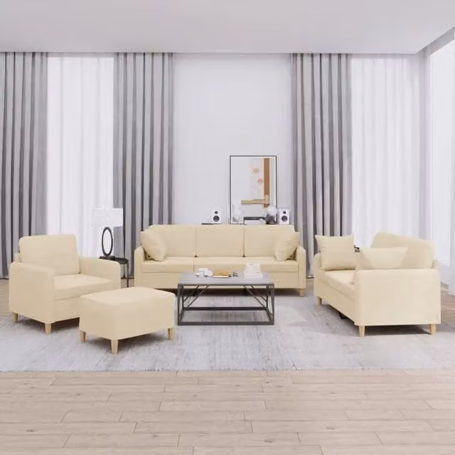 Set di Divani 4 Pezzi vidaXL Beige in Tessuto con Cuscini e Pouf per Soggiorno Moderno