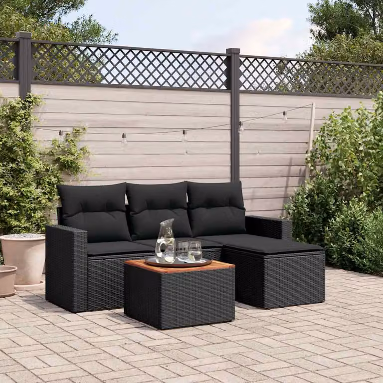 vidaXL Set Divani da Giardino a L 5 pz in Polyrattan Nero con Cuscini e Tavolino