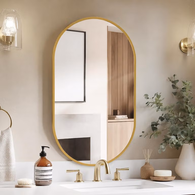 Specchio da parete ovale INONEFT, 75 x 50 cm, specchio cosmetico ad alta risoluzione con cornice in alluminio, ideale per bagno e camera da letto, vetro temperato, finitura dorata