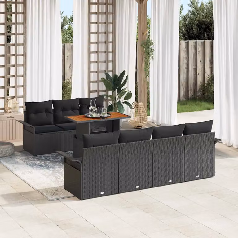 Set Divano da Giardino vidaXL in Polyrattan Nero 8 Pezzi