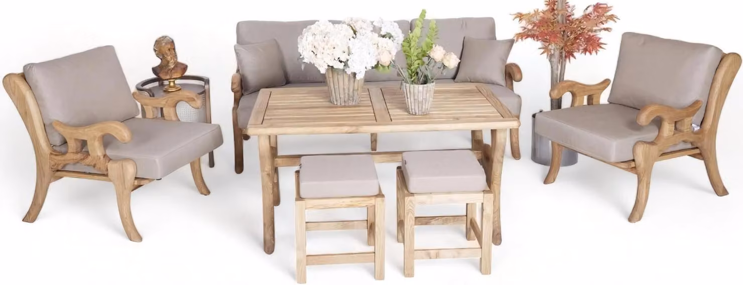 Garten Möbel Sofagarnitur 3+1+1 Sitzer Terrasse Stilvolle Esstisch Holzhocker