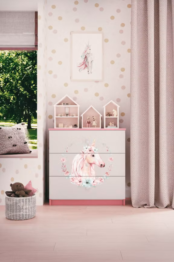 Cassettiera per bambini con cavallo a cassetti nel colore rosa Babydreams
