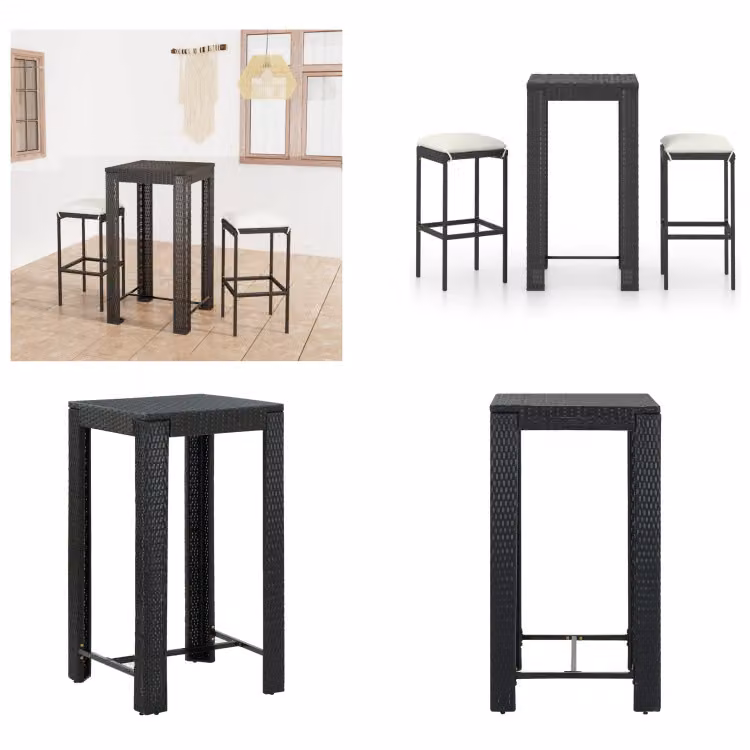 vidaXL Set bar da giardino 3 pezzi con cuscini in poly rattan nero - Set da bar - Set da bar - Tavolo e sgabelli da bar - Tavolo da bar