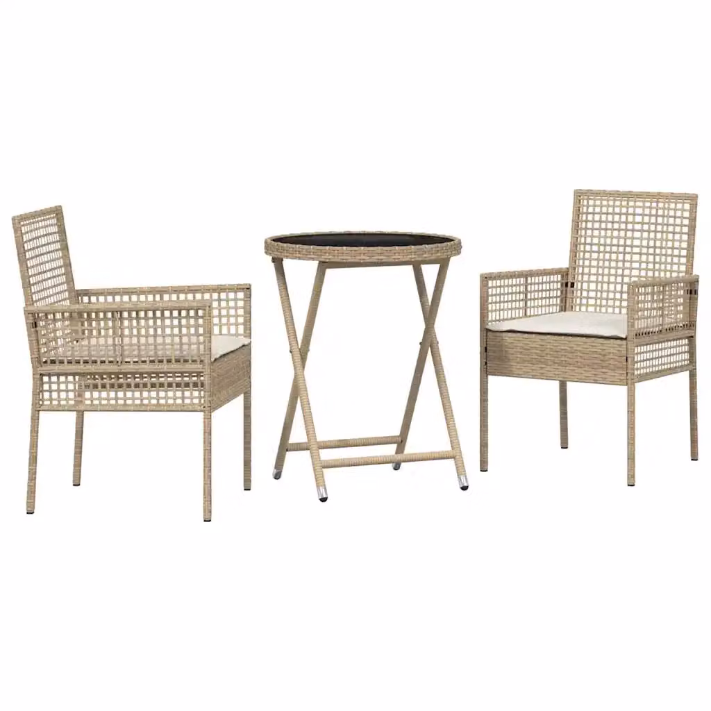 Set Bistro da Giardino Moderno vidaXL in Polyrattan Beige con Tavolo in Vetro, 3 Pezzi – 2