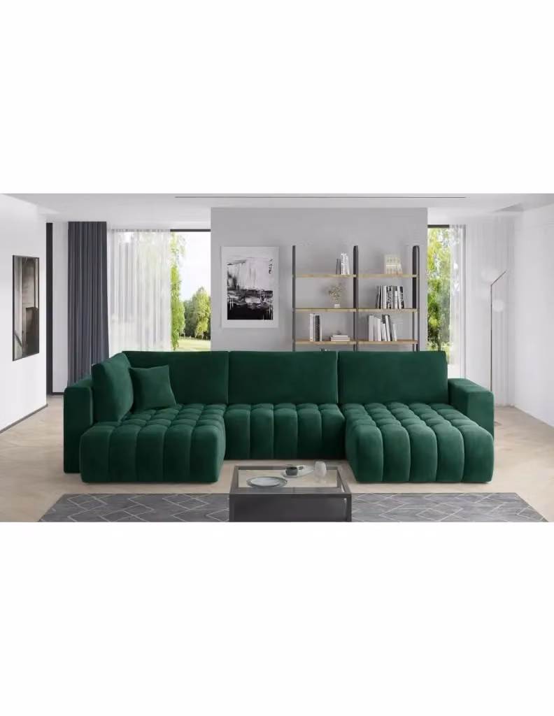 Divano angolare convertibile BONITA MEUBLORAMA verde scuro effetto velluto, 6 posti con funzione letto e poggiatesta regolabile, lato destro, L: 350 cm, P: 175 cm – 2
