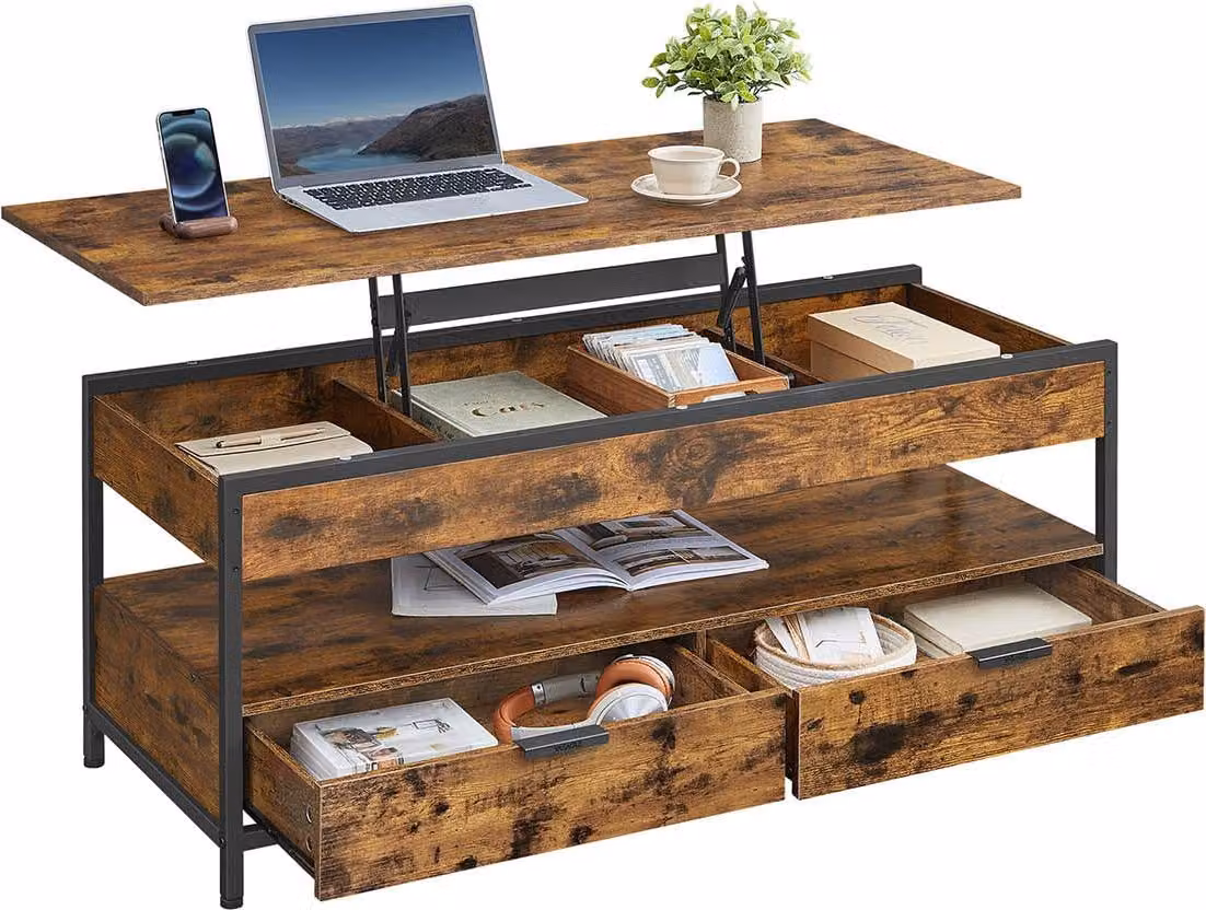 Tavolino da divano regolabile in altezza con cassetto, stile vintage, 50 x 120 x 48-63 cm