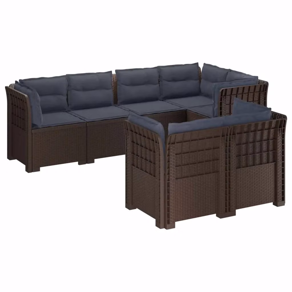 Set da giardino vidaXL a forma di U con 7 posti, in polyrattan con cuscini inclusi, resistente ai raggi UV, colore marrone e grigio – 2