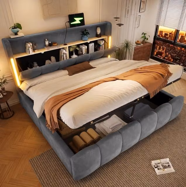 Letto imbottito MODFU in velluto grigio con vano contenitore, illuminazione LED e porte USB/Type-C, L/P: 180 x 200 cm