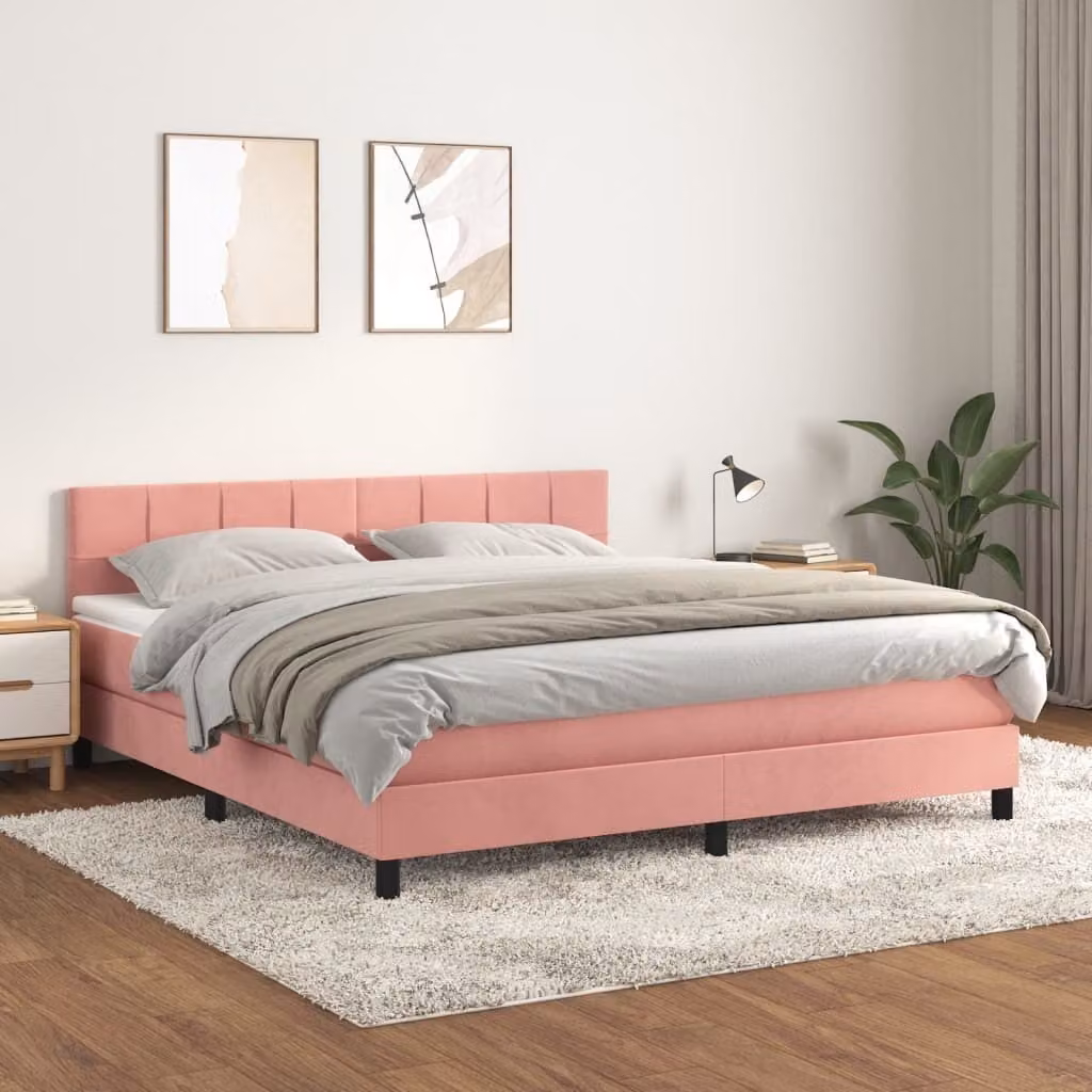 The Living Store Letto a molle con materasso rosa 160x200 cm in velluto