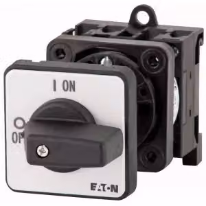 Interruttore on-off Eaton, P1, 25 A, montaggio intermedio, a 3 poli, con manopola nera e targhetta frontale 057708