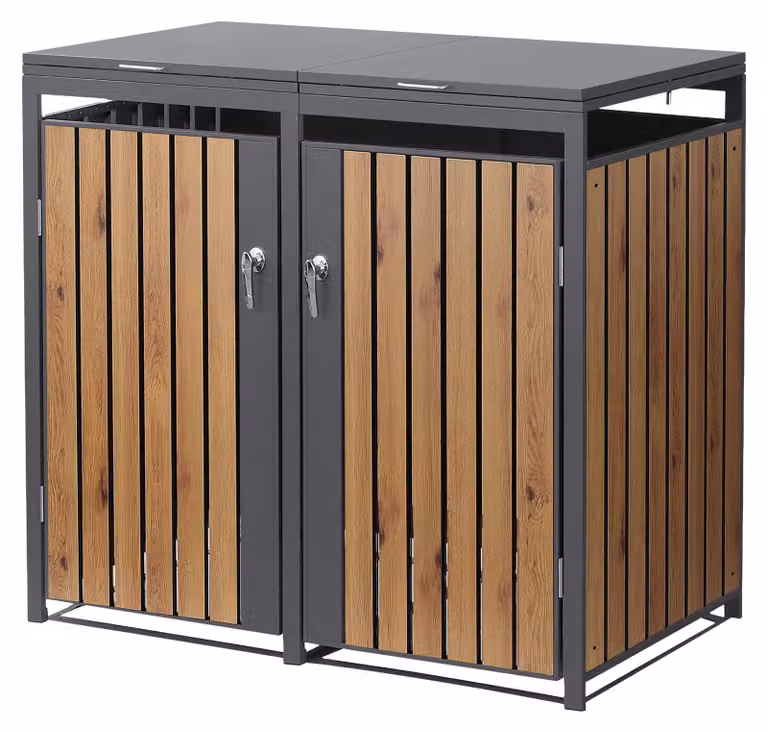 Contenitore per bidoni della spazzatura ML-Design, modello a 2 scomparti, per 2 bidoni da 240 litri, dimensioni 132x80x120 cm, finitura effetto legno antracite, acciaio, resistente agli agenti atmosferici/con chiusura a chiave