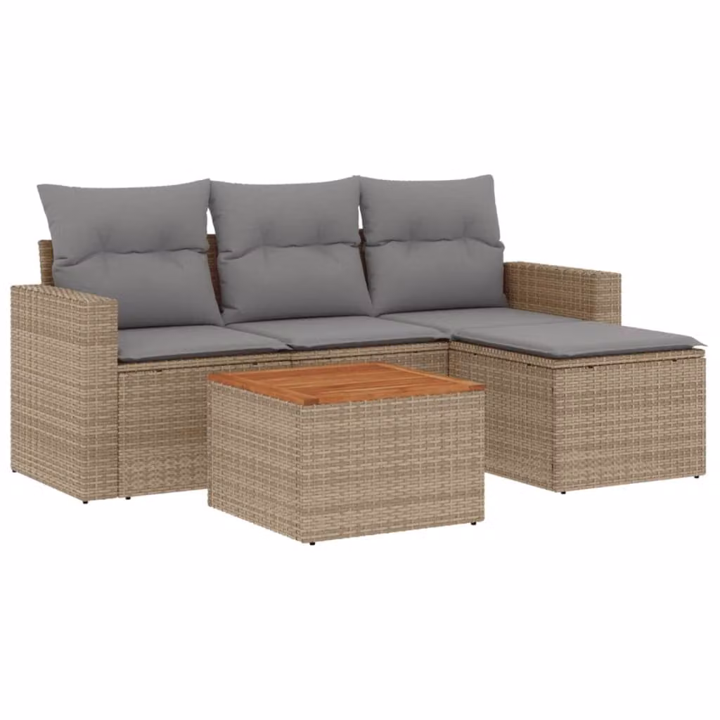 Set Divano da Giardino 5 pz con Cuscini Beige in Polyrattan