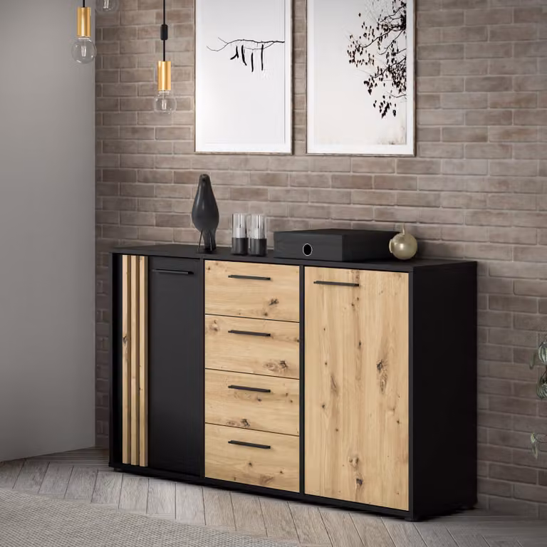 Forte CARDIGAN Comò 150, comò moderno, 2 ante con design a lamelle, 4 cassetti, soggiorno/camera da letto, finitura in rovere Artisan | Nero, larghezza 142,6 cm x altezza 82,3 cm x profondità 34,3 cm