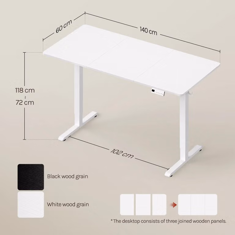 Scrivania regolabile in altezza elettricamente - Scrivania per computer - 140 x 60 cm - Altezza regolabile da 72 a 118 cm - 3 posizioni di altezza memorizzabili - Sistema anti-collisione - Gancio per cuffie - Bianco