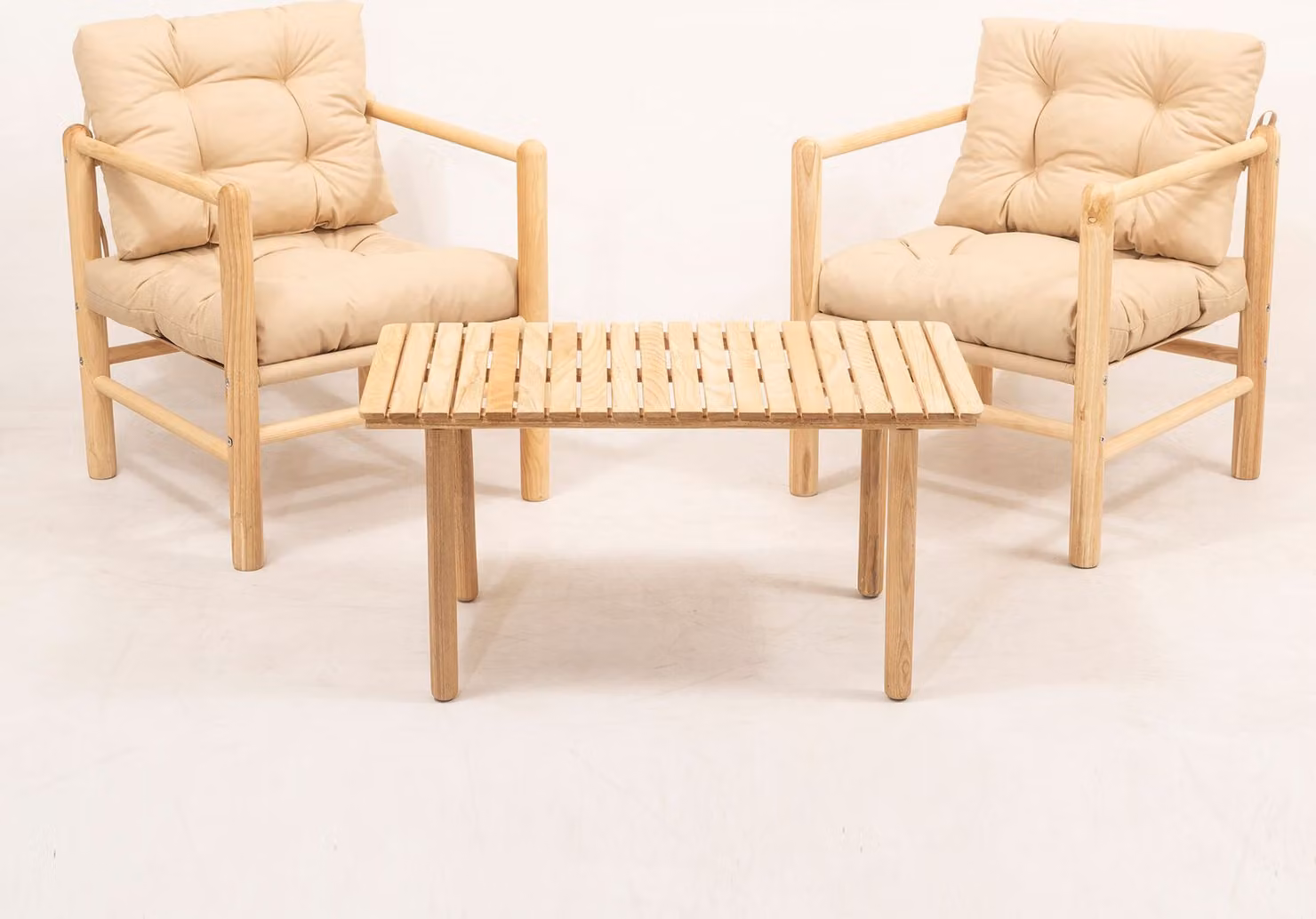 Skye Decor, modello MYG02 - Colore crema, set da tavolo e sedie da giardino (3 pezzi), crema, 100% legno di castagno, 51 x 51 x 86 cm