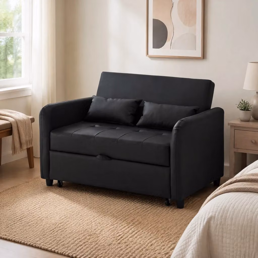 Divano letto MIVRAY a 2 posti estraibile in ecopelle nera con schienale regolabile e 2 cuscini, L: 156 cm, P: 100 cm, H: 100 cm – 2