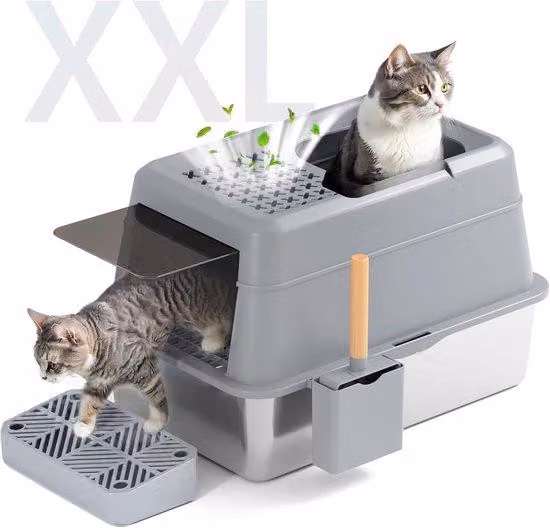 Larga lettiera per gatti, anti-sporcizia e lucida, con pareti alte, capacità di 26 litri, pedale e carrello, nera