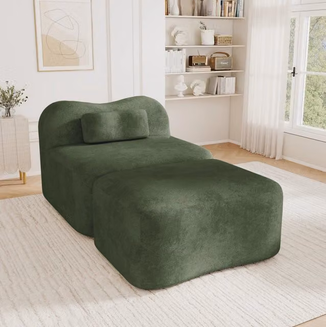 Divano modulare senza telaio 96x167x70 cm in velluto verde con ottomana –