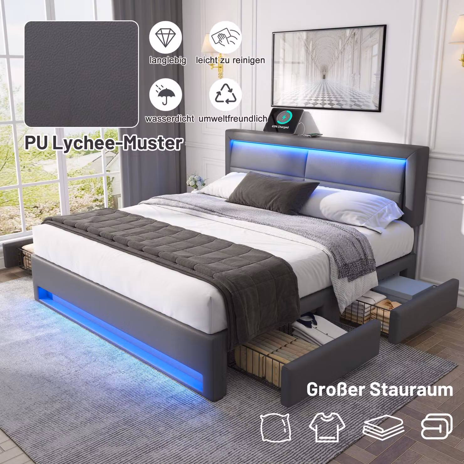 OKWISH Letto matrimoniale 140x200 cm con contenitore - Letto imbottito inPoliuretanocon porte USB e caricatore wireless integrato, illuminazione a LED - Grigio