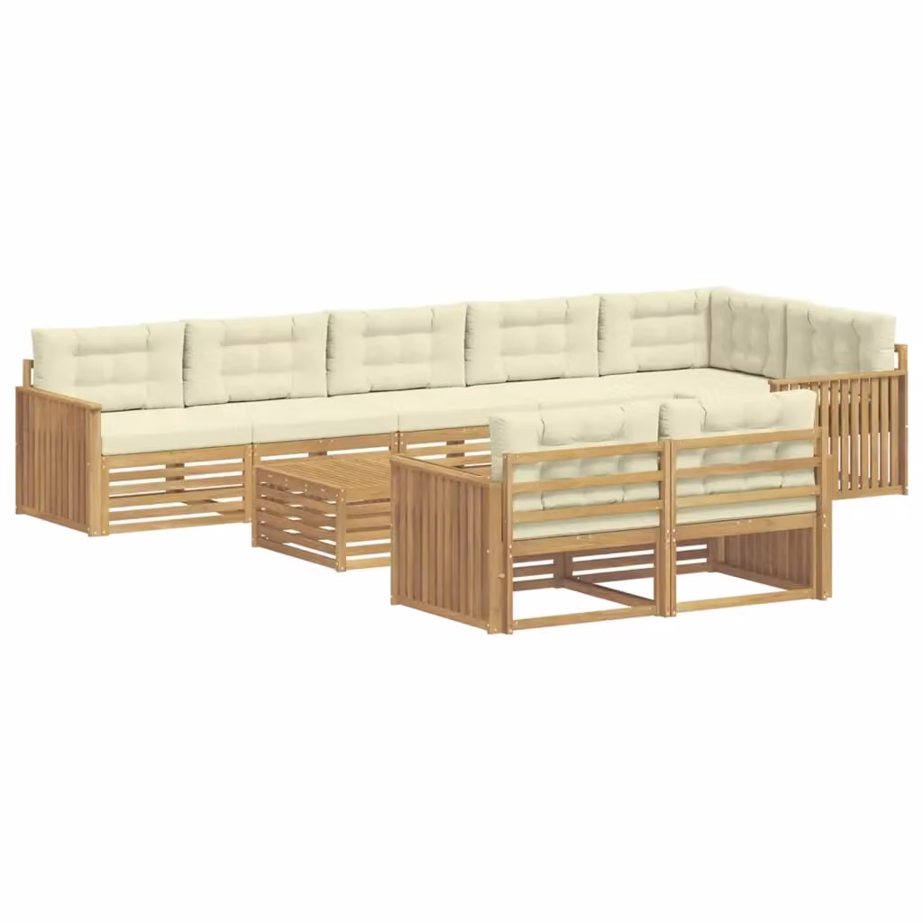 Set di divani da esterno a L vidaXL in legno di acacia con tavolo da caffè e cuscini, Bianco e Beige – 2