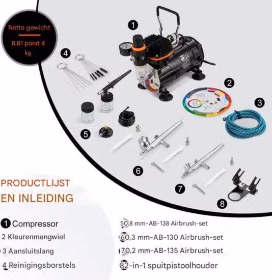Set completo di aerografo con compressore - Pistola elettrica - 3 accessori di spruzzatura staccabili - 120 W - Ruota colori